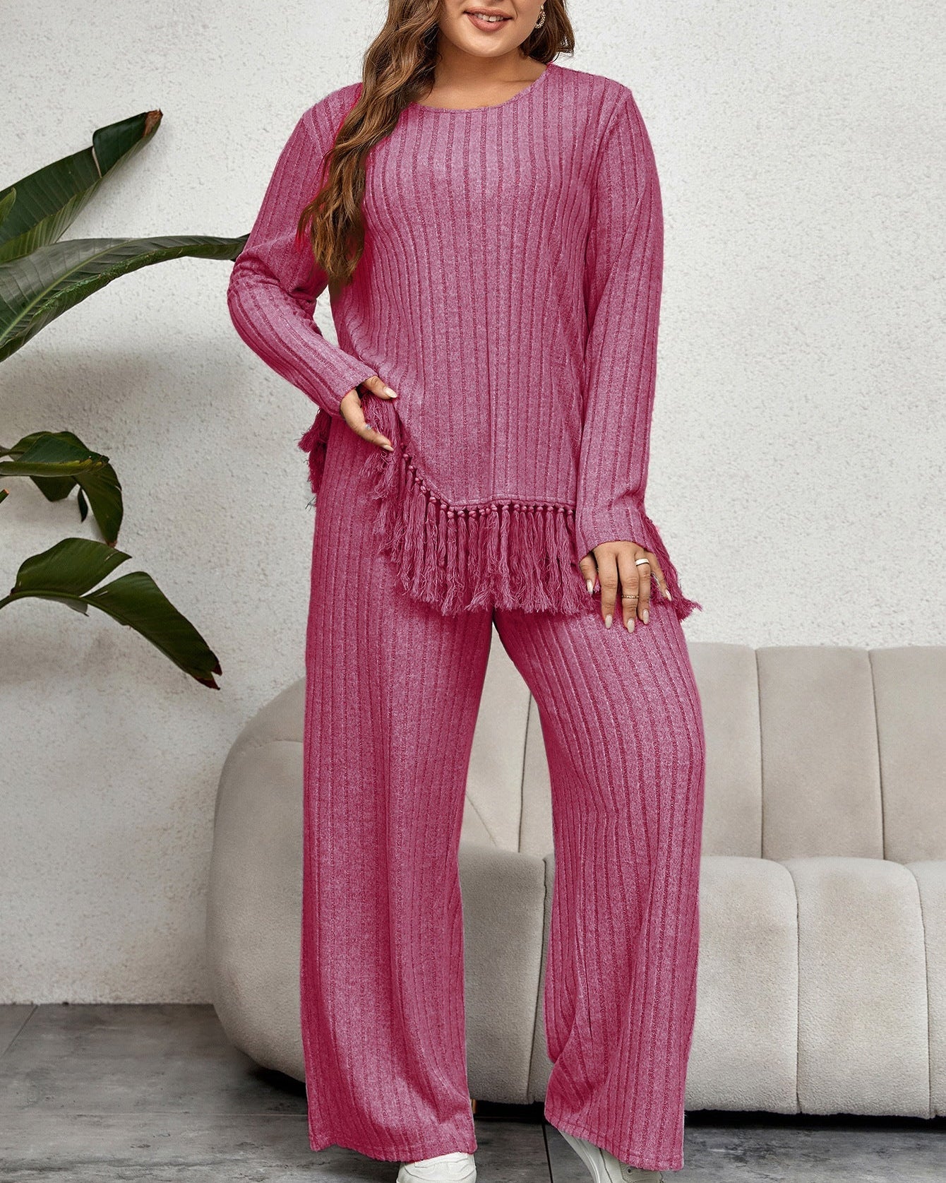 Women's Curvy Two-Piece Set with Fringed Top and Wide-Leg Pants – Casual Outfit