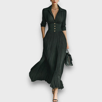 Women's Maxi Dress with Long Sleeves, Notched Collar, and Pleated Skirt – Elegant Formal Dress
