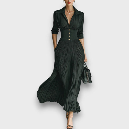 Women's Maxi Dress with Long Sleeves, Notched Collar, and Pleated Skirt – Elegant Formal Dress