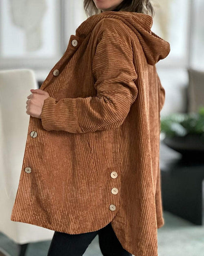 Women's Autumn Corduroy Jacket with Hood and Pockets – Solid Color