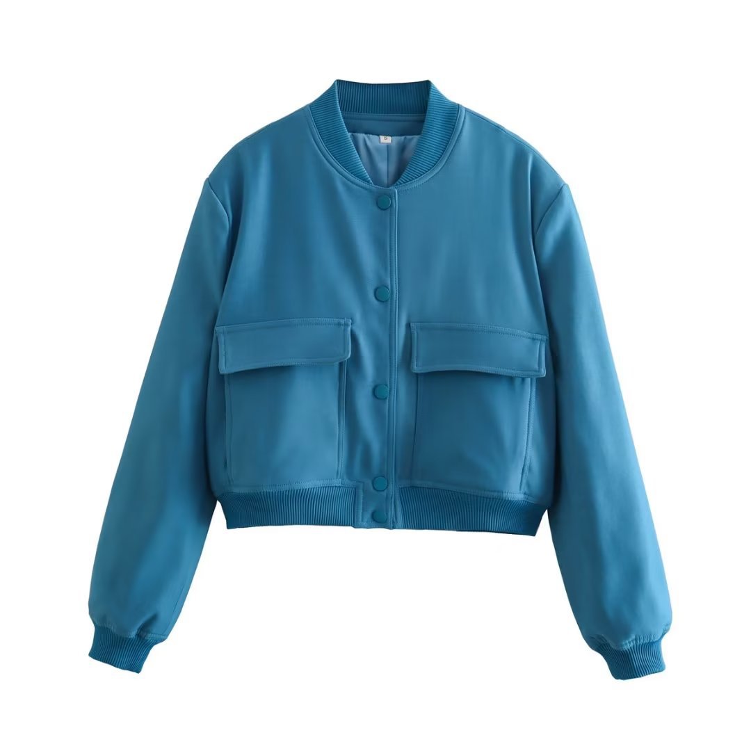 Chaqueta bomber de mujer para otoño con bolsillos delanteros y diseño liso
