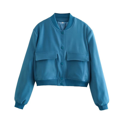 Chaqueta bomber de mujer para otoño con bolsillos delanteros y diseño liso