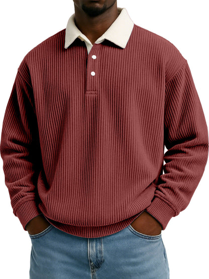 Camisa de hombre de pana retro color block con estampado de rayas y manga larga