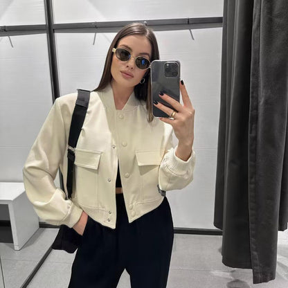 Chaqueta bomber de mujer para otoño con bolsillos delanteros y diseño liso