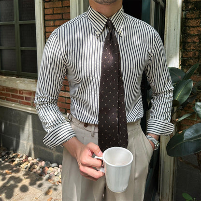Men's Long Sleeve Shirt with Buckle Collar and Striped Pattern