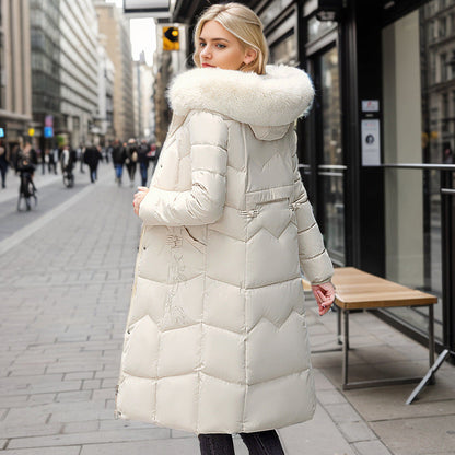 Women's Long Winter Coat with Fur Collar and Padding