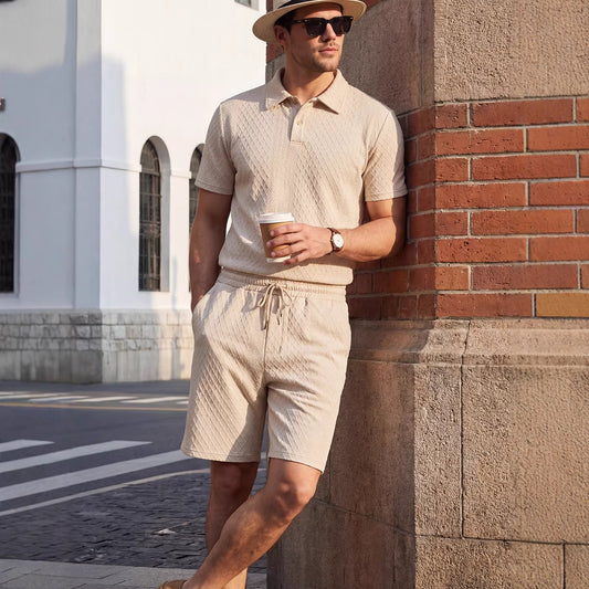 Men's Two-Piece Set with Zip Polo and Long Pants – Light Beige