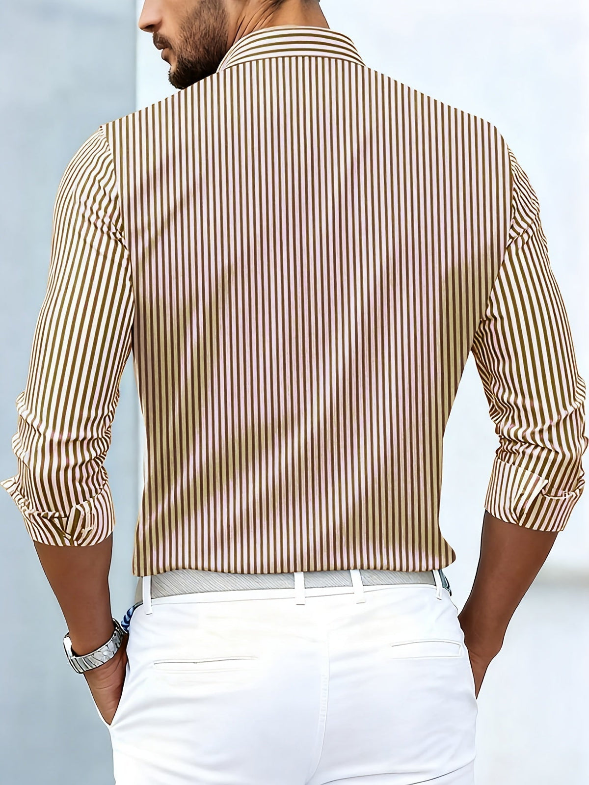 Camisa de hombre a rayas de estilo retro con botones, cuello clásico, corte cómodo y mangas largas.