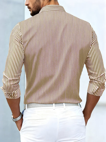 Camisa de hombre a rayas de estilo retro con botones, cuello clásico, corte cómodo y mangas largas.