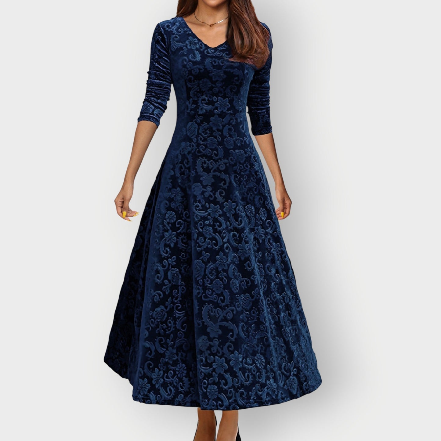 Women's Midi Jacquard Velvet Dress with V-Neck and Flared Skirt