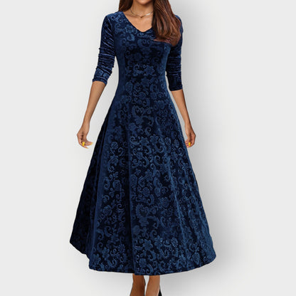 Women's Midi Jacquard Velvet Dress with V-Neck and Flared Skirt