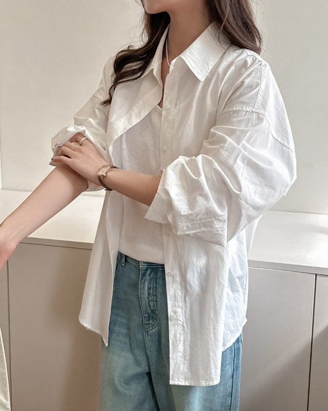 Women's Long Sleeve Solid Color Shirt with Loose Fit and Plus Sizes