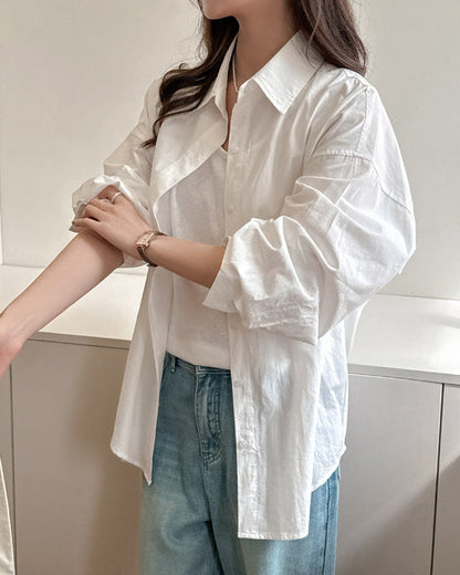 Women's Long Sleeve Solid Color Shirt with Loose Fit and Plus Sizes