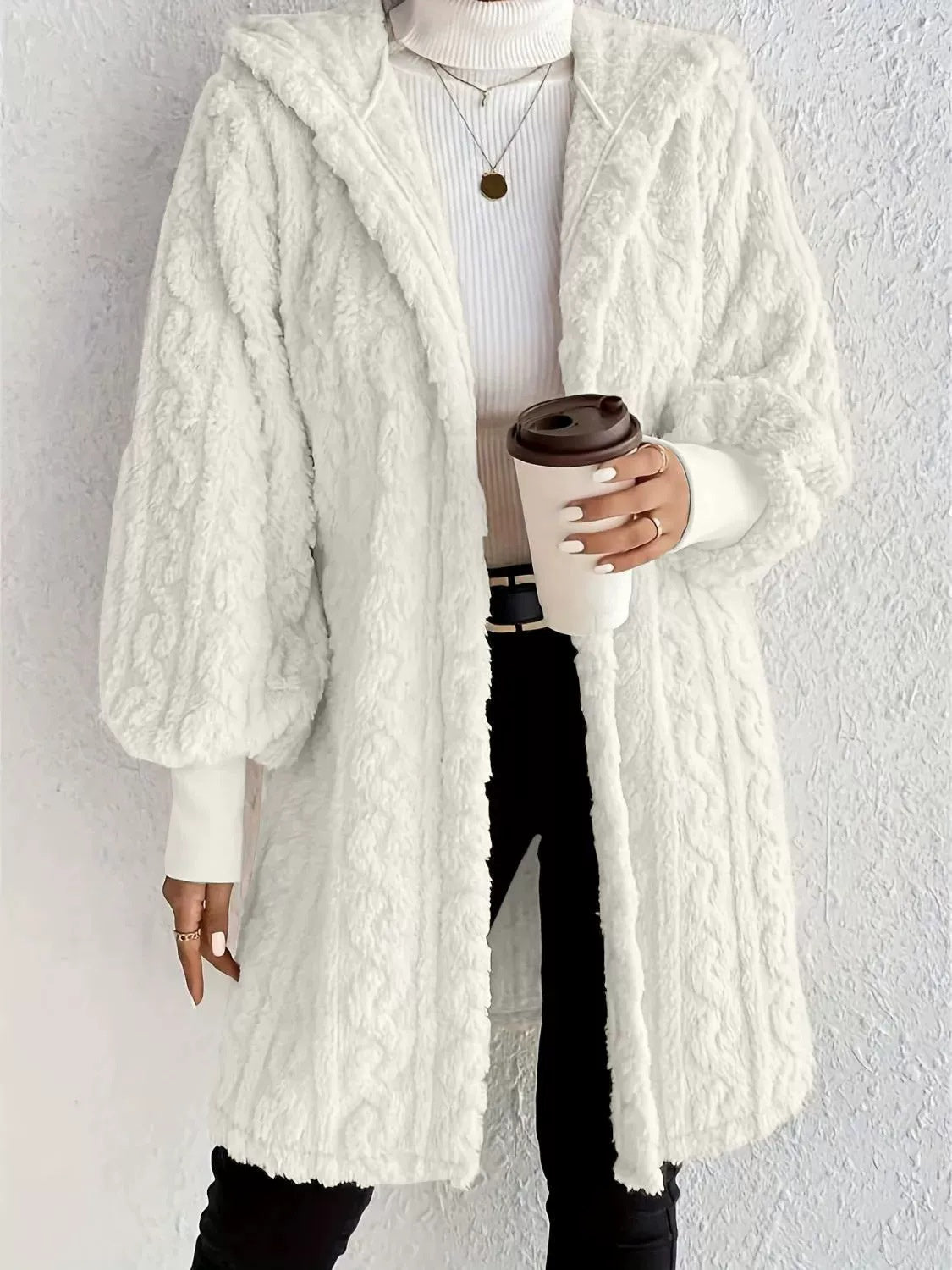 Women's Long Coat with Hood, Double Fur and Ribbed Cuffs