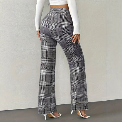 Women's High-Waisted Houndstooth Wide-Leg Trousers with a Straight Cut