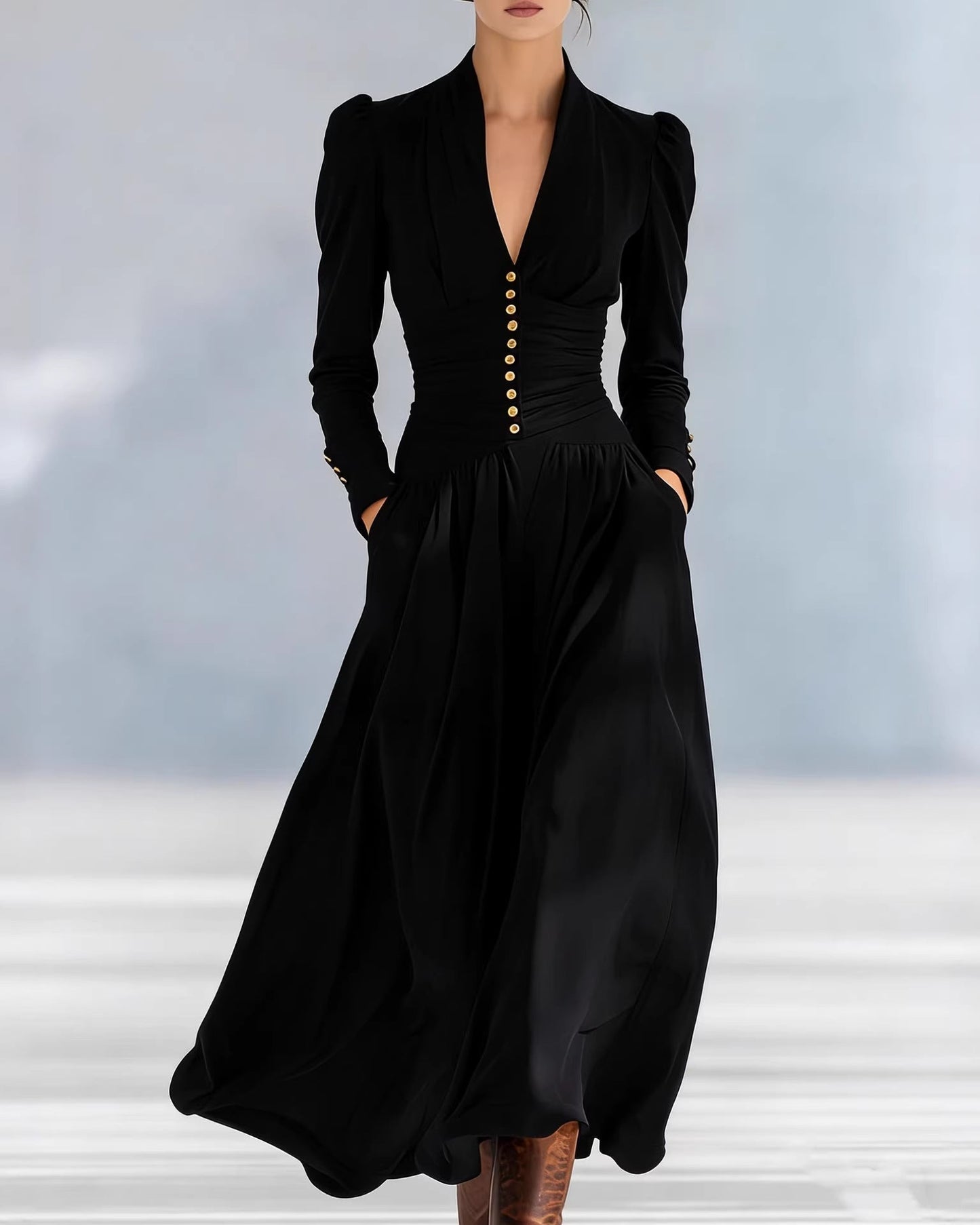 Women's Autumn Fitted Dress with High Waist and Pleats – Elegant Solid Color Midi Dress