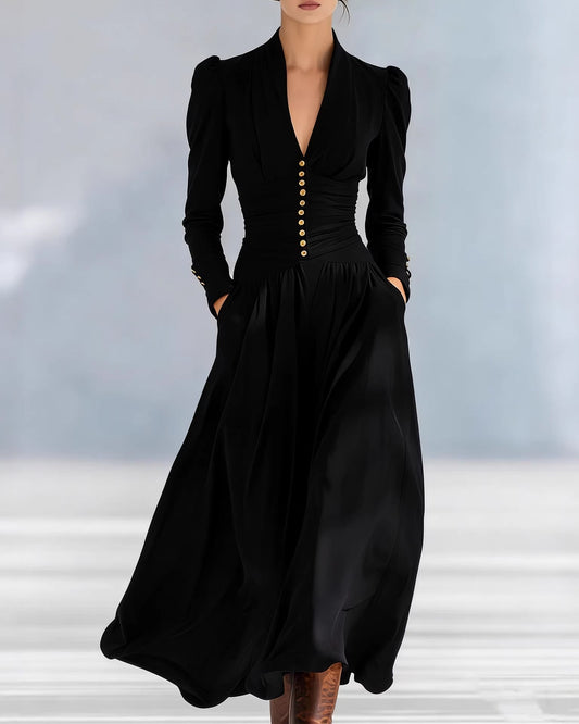 Women's Autumn Fitted Dress with High Waist and Pleats – Elegant Solid Color Midi Dress