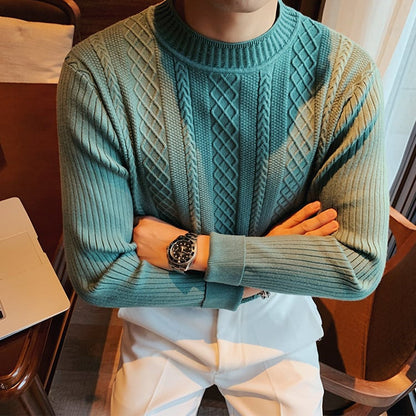 Jersey de otoño para hombre con cuello alto medio, ajuste slim, tejido grueso