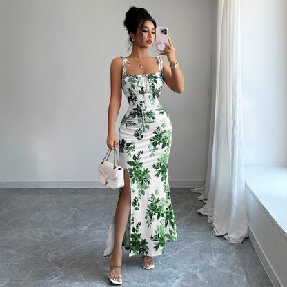 Abito Maxi Donna con Stampa Floreale, Maniche Lunghe e Vita Alta – Abito Elegante