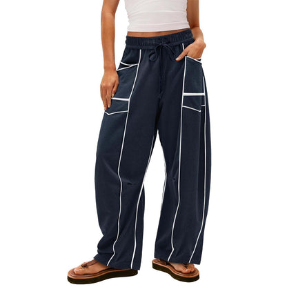 Women's Wide-Leg Pants with Drawstring and Stripe Pattern