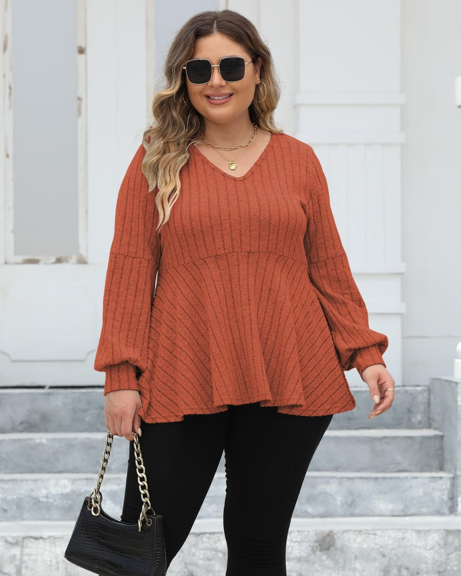 Women's Pullover Sweater with V-Neck and Striped Lantern Sleeves