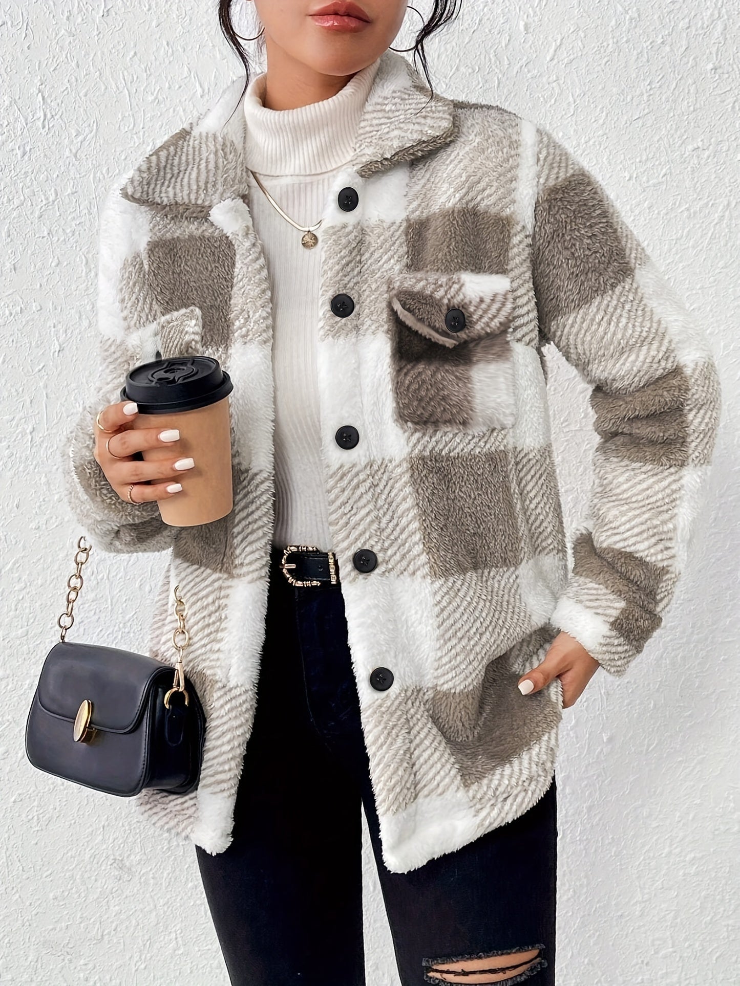 Giacca Donna in Pile a Quadri con Bottoni – Stile Autunnale