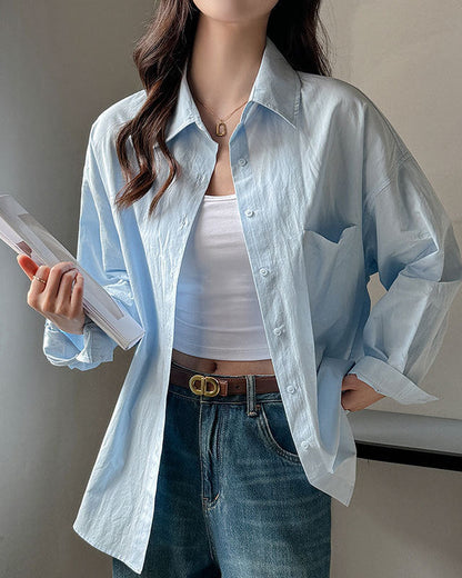 Women's Long Sleeve Solid Color Shirt with Loose Fit and Plus Sizes