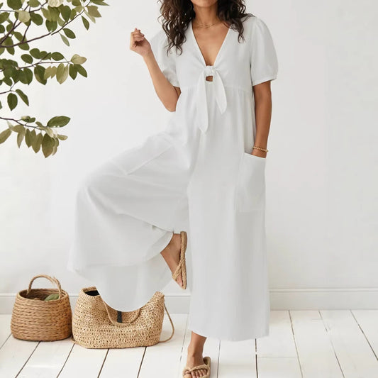 Women's Short-Sleeve Jumpsuit with V-Neck and Straight Leg