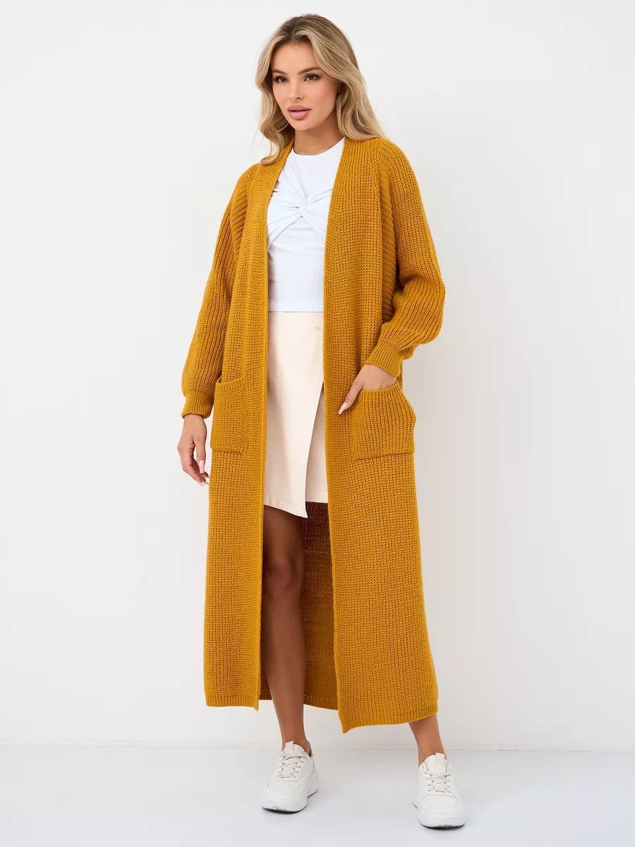 Women's Long Knit Cardigan with Pockets and Front Opening