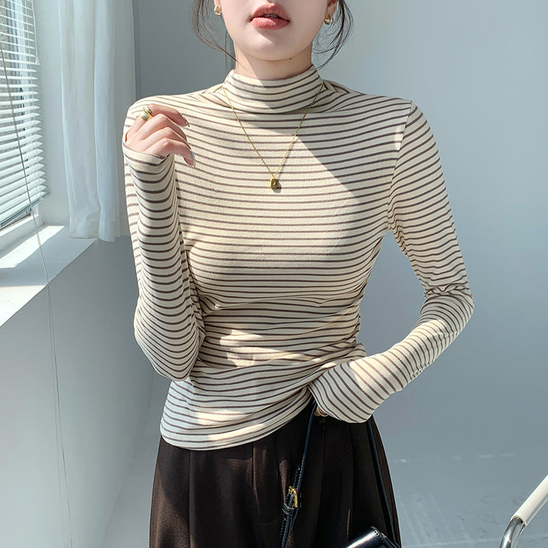 Women's Long Sleeve Sweater with Half Collar and Thin Stripes