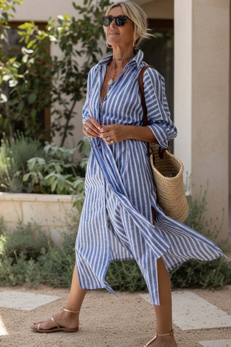 Women’s Striped Midi Dress with Notched Collar and Front Buttons