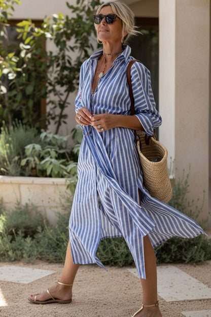 Women’s Striped Midi Dress with Notched Collar and Front Buttons