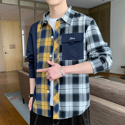 Men's Long Sleeve Work Shirt with Plaid Pattern