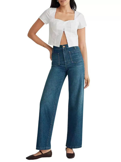 Women's High-Waisted Wide-Leg Jeans with Ripped Design and Square Pockets