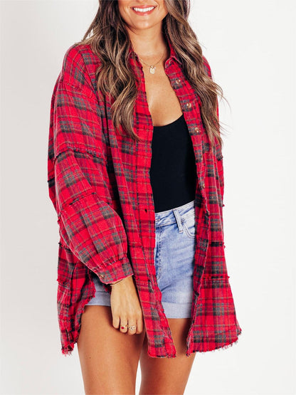 Dame Skjorte Ternet Knapper Mineralvask Lang Oversize Lomme