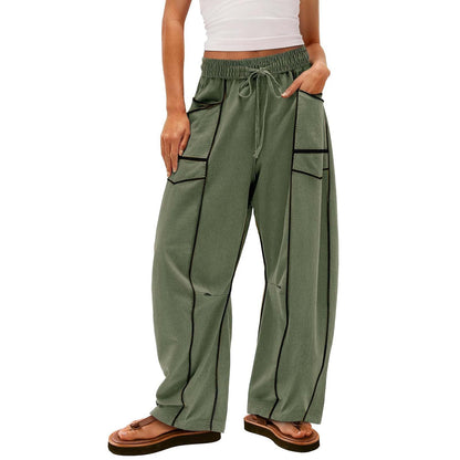 Women's Wide-Leg Pants with Drawstring and Stripe Pattern
