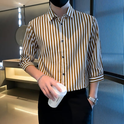 Camicia da Uomo a Maniche Lunghe con Colletto Quadrato e Motivo a Righe