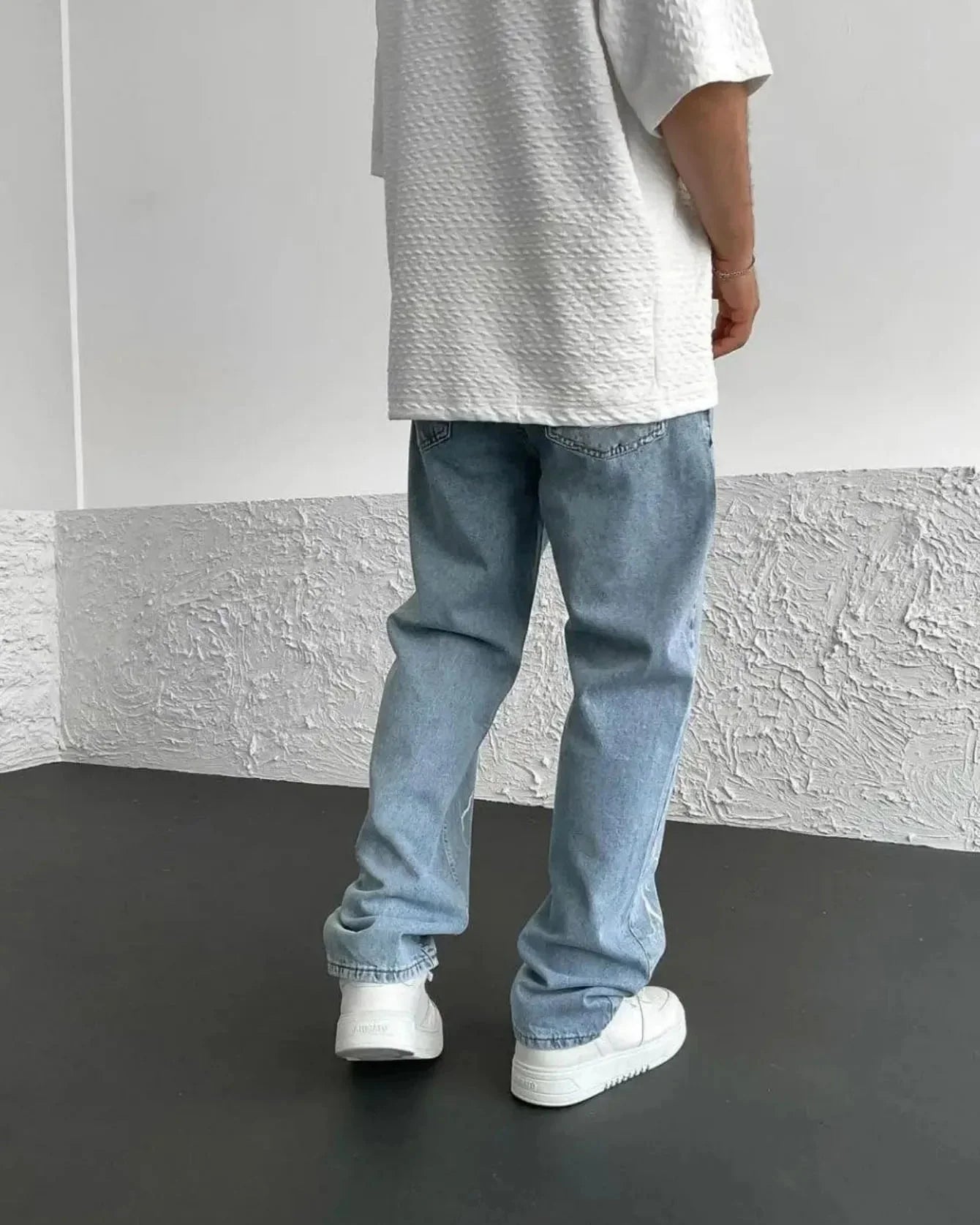 Pantaloni Uomo Primaverili in Jeans Stampato a Gamba Larga e Dritta