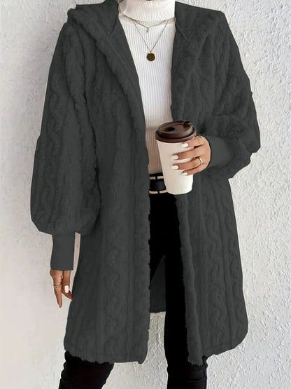 Women's Long Coat with Hood, Double Fur and Ribbed Cuffs