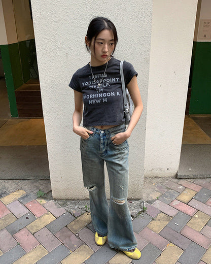 Jeans da Donna in Denim a Gamba Dritta con Strappi Stile Retrò
