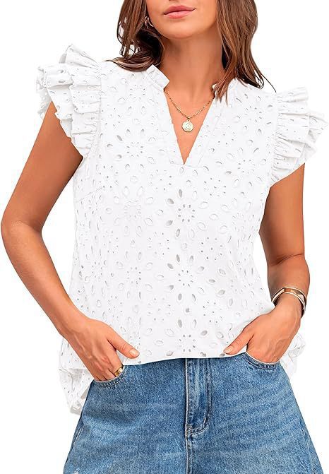 Damebluse med V-hals, Sangallo-broderi og flæseærmer – Elegant til hverdag