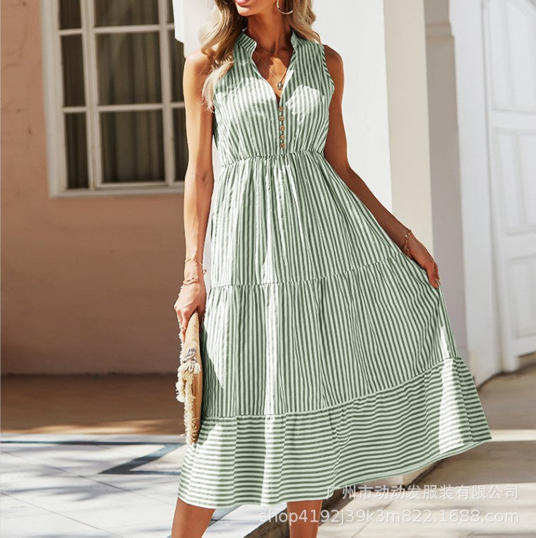 Women's Sleeveless Vertical Stripe Midi Dress with High Waist – Elegant A-Line Dress