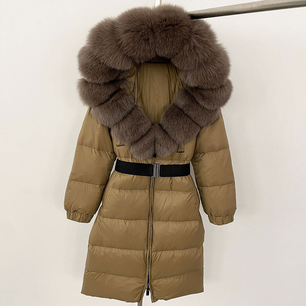 Women's Winter Coat with Long Hood and Removable Fur Collar