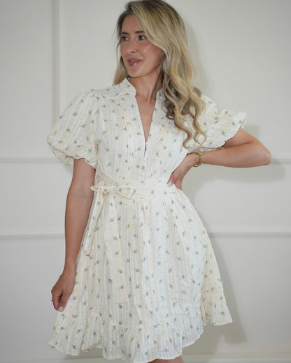 Women's Summer Dress with Floral Print, Puff Sleeves, and Waist Belt – Stretch Fit