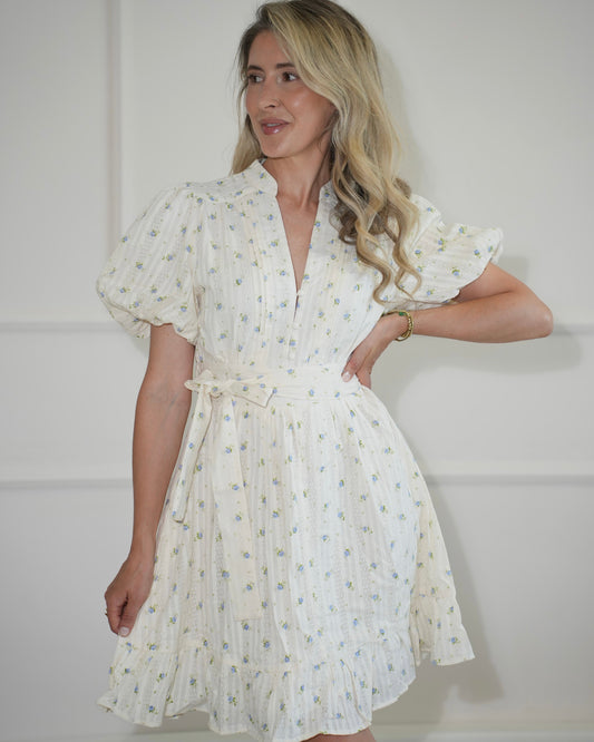 Women's Summer Dress with Floral Print, Puff Sleeves, and Waist Belt – Stretch Fit