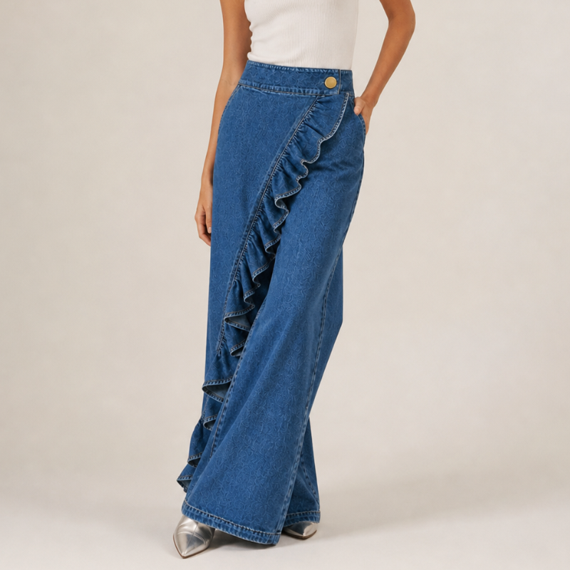 Pantaloni Gonna Donna a Vita Alta con Volant e Gamba Larga – Stile Elegante Casual
