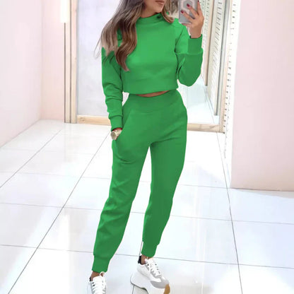 Women's Two-Piece Set with Cropped Sweater and Elastic Waist Pants