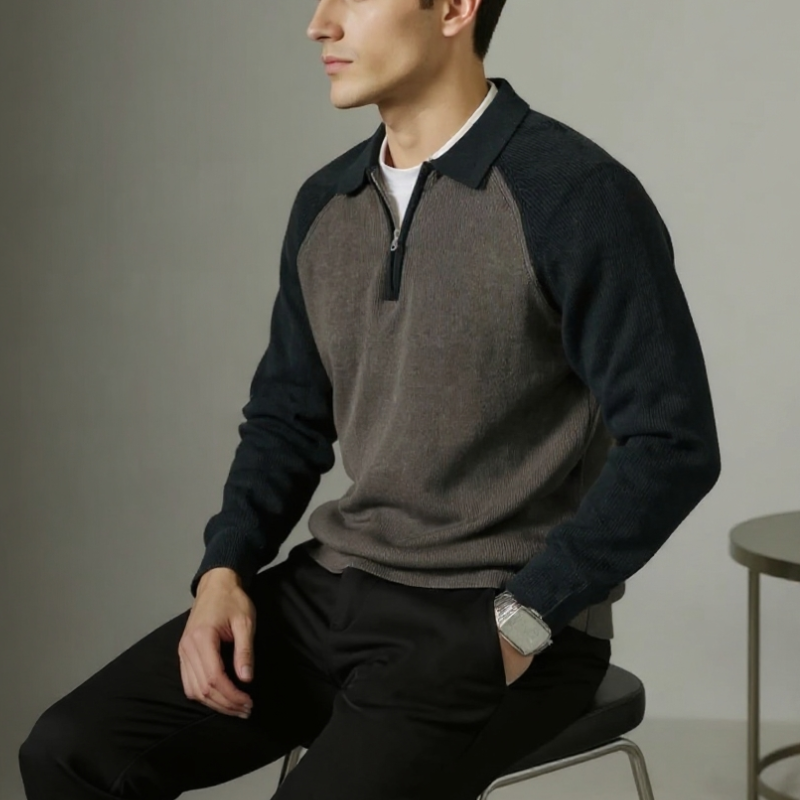 Herre business sweater med lynlås, polo-krave og raglanærmer – Strikstil