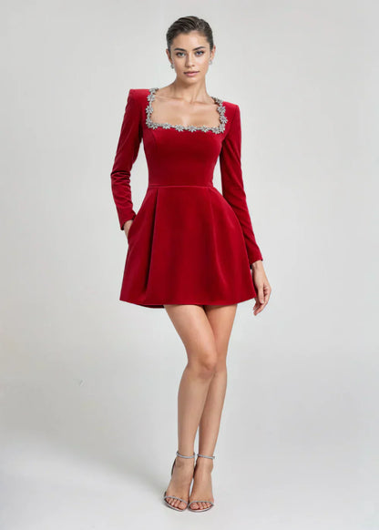 Abito Mini Donna in Velluto con Scollo Quadrato, Maniche Lunghe e Gonna Svasata
