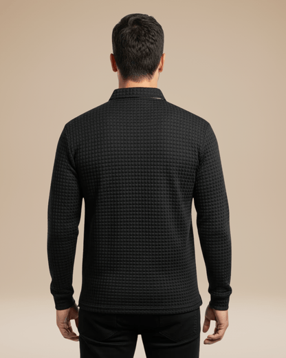 Polo de hombre de punto tipo panal con escote abotonado y mangas largas
